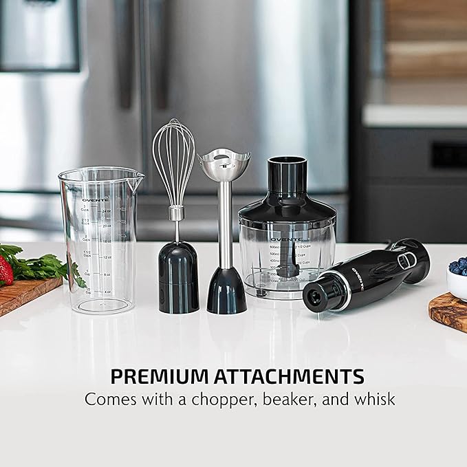OVENTE Immersion Hand Blender, 300W Electric Handheld Portable Stick Mixer Set with 2 Mixing Speed, Stainless Steel Blades, Egg Whisk Attachment, Mixing Beaker and BPA-Free Food Chopper, Black HS565B
