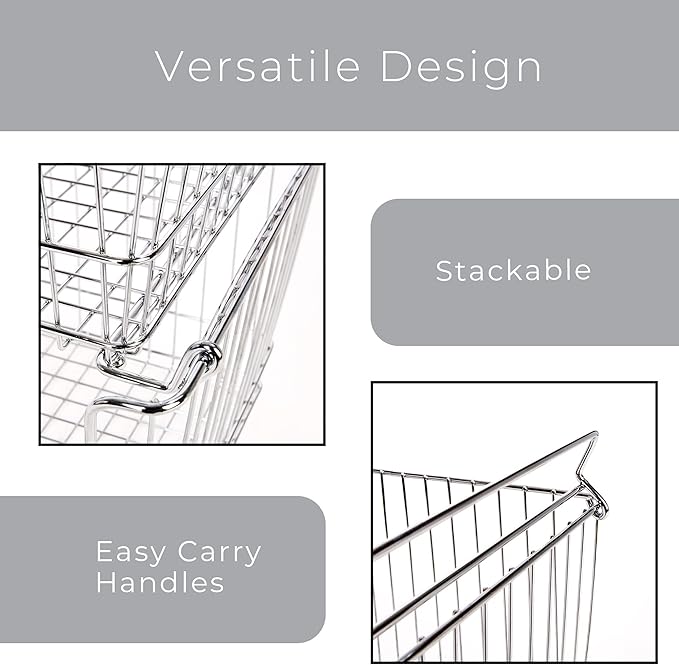 Smart Design Stacking Baskets with Handles - Set of 6 Large - Steel Metal Wire - Fruit Produce Vegetable Safe Storage Bin Organizer Pantry Counter Stand Rack - 12.5 x 8.5 Inch - Chrome