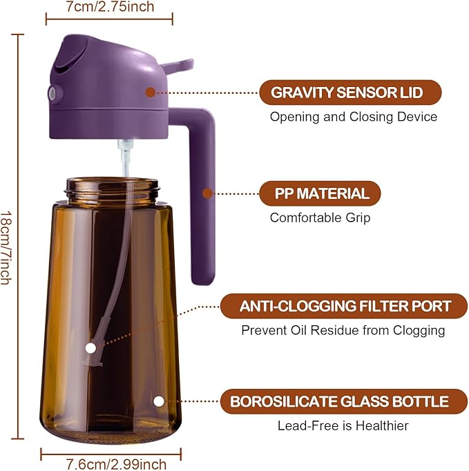 YARRAMATE 16oz/470ml Dark Brown Oil Sprayer for Cooking with Stickers, Food-grade Premium 2 in 1 Olive Oil Dispenser Bottle for Kitchen Gadgets, Air Fryer, Salad, Frying, BBQ (Purple)