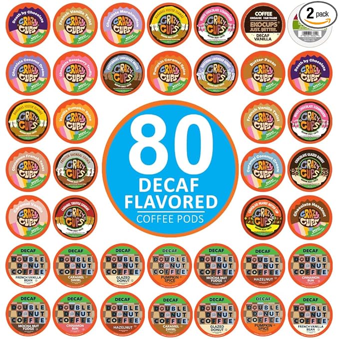Flavored Decaf Coffee Pods Variety Pack Compatible with Keurig K Cups Brewers, 80 Count, Assorted Decaffeinated Flavored Coffee Sampler