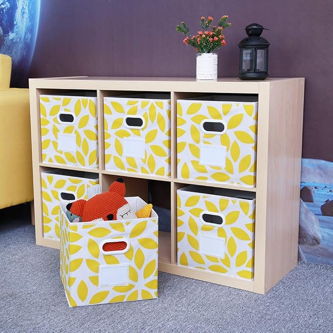 MAX Houser Fabric Storage Bins Cubes Baskets Containers with Dual Plastic Handles for Home Closet Bedroom Drawers Organizers, Flodable, Set of 6 (Yellow)
