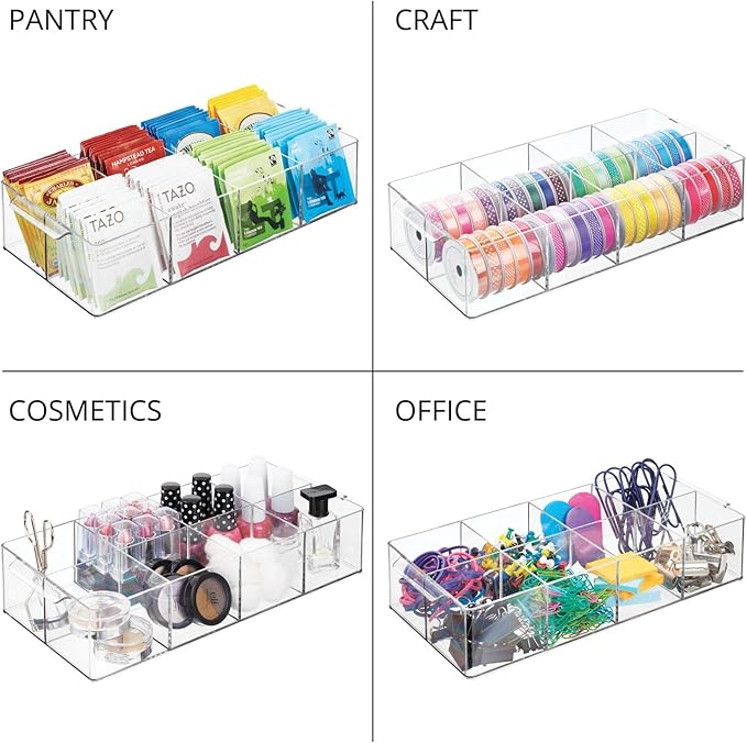 mDesign Plastic Condiment Organizer and Tea Bag Holder - 8-Compartment Kitchen Pantry/Countertop Storage Caddy - Divided Chip, Snack, Oatmeal Packet Holder - Lumiere Collection - Clear