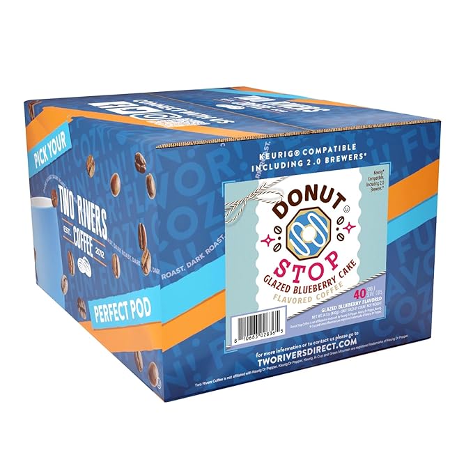 Donut Stop Glazed Blueberry Medium Roast Coffee Pods, 40 Count, Compatible with 2.0 K-Cup Brewers