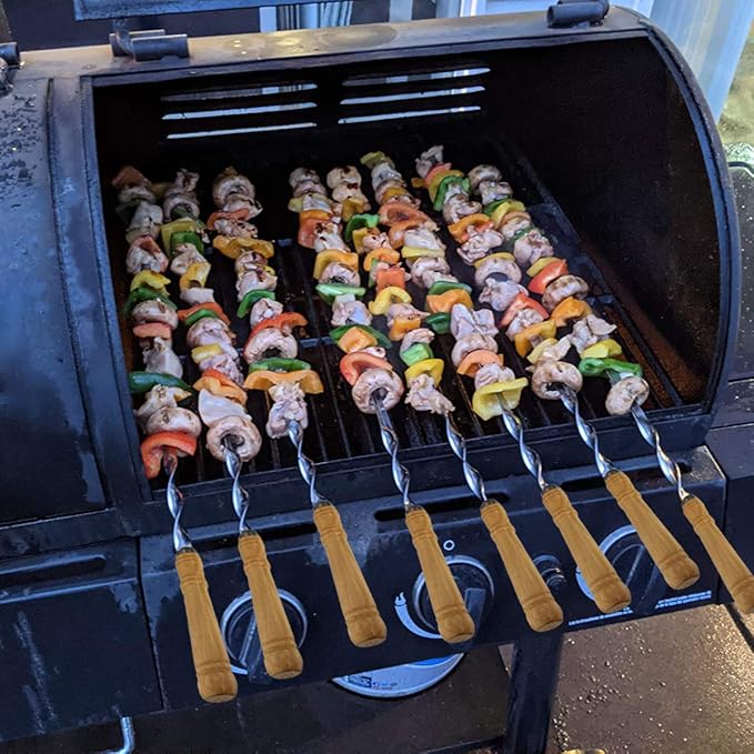 Antallcky 12 Pack Kebab Skewers 23.5 Inch BBQ Barbecue Skewers Stainless Steel Sticks Heavy Duty Large Wide Reusable with Nonslip Wooden Handle Ideal for Shish Kabob Chicken Shrimp and Vegetables