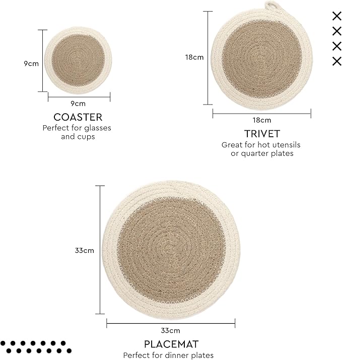 Encasa XO Round Trivet Mats for Hot Dishes with Hanging Loop | Grey Combo - Set of 6 with 7 inch Diameter | Cotton Round Thick Heat Resistant Pot Holders | Use Hot Pads Plate Mats for Hot Pots & Pans