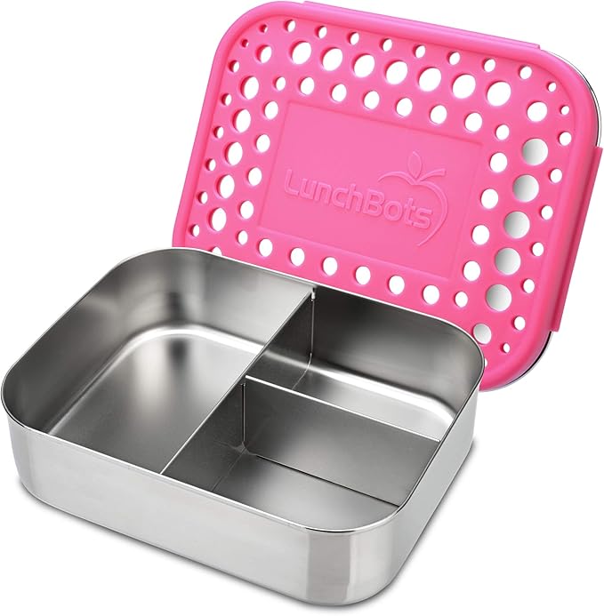 LunchBots Medium Trio II Snack Container - Divided Stainless Steel Food Container - Three Sections for Snacks On the Go - Eco-Friendly, Dishwasher Safe, BPA-Free - Stainless Lid - Pink Dots