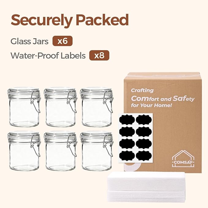 ComSaf 8oz Small Airtight Glass Jars Set of 6 with Lid Food Storage Jar Round, Mini Storage Container with Clear Preserving Seal Wire Clip Fastening for Kitchen Canning, Jam, Spice, Honey, Mason Jars