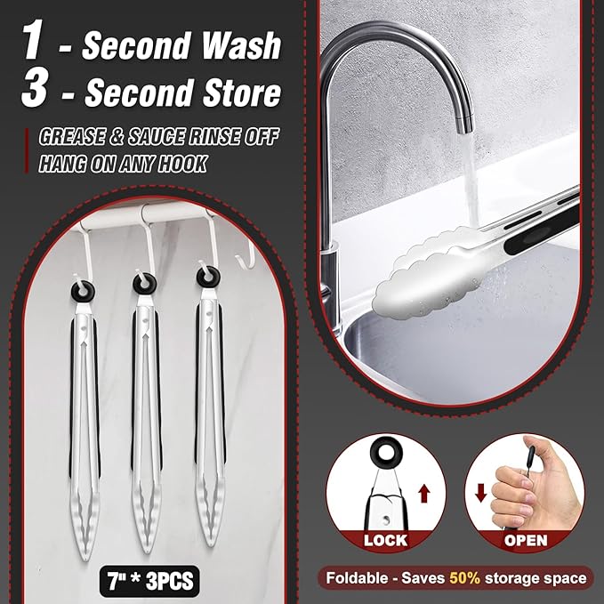 Walfos Kitchen Small Tongs - 7 inch Heavy Duty Mini Food Tongs, Stainless Steel and Non-Slip Heat Resistant Handle - Great for Cooking, Salad, Grilling and Barbecue，3 Piece