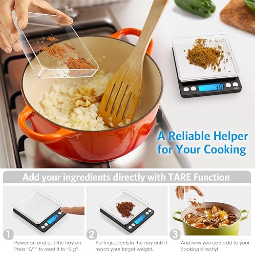 AMIR Digital Kitchen Scale, 3000g 0.01oz/0.1g Pocket Cooking Scale, Mini Food Scale, Pro Electronic Jewelry Scale with Back-Lit LCD Display, Tare & PCS Functions, Stainless Steel, Black