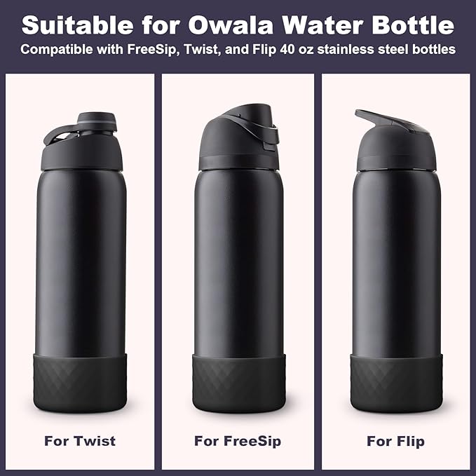 2PCS Silicone Water Bottle Boot for Owala 40oz, Protective Bottom Bumper Anti-Slip Sleeve for FreeSip, Twist, and Flip Stainless Steel Bottles, Dishwasher Safe and BPA Free(Black)