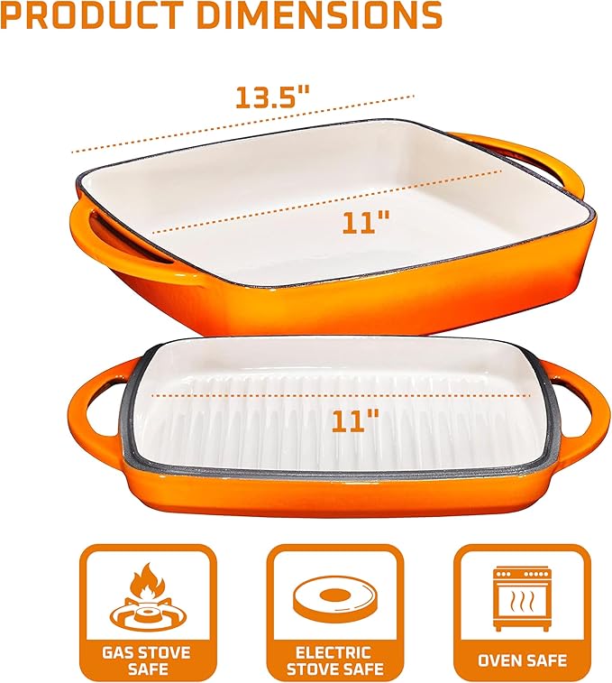 Bruntmor 11-Inch Enameled Cast Iron Cookware - 2-in-1 Square Cast Iron Casserole Dish with Lid and Dual Handles for Baking, Braising, and Roasting - Durable, Nonstick Skillet Dutch Oven, Pumpkin Spice