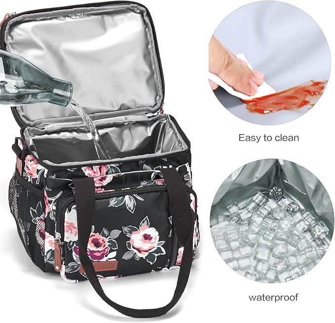 MOV COMPRA Lunch Bag Women Flower Insulated Lunch Box for Work, Expandable Large Lunch Bag, Leakproof Double Deck Lunch Box Cooler Bag with Removable Shoulder Strap（Flower）