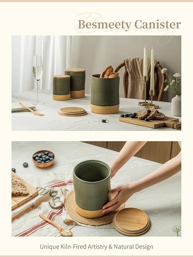Besmeety Canisters Sets for the Kitchen, 74 oz Flour Sugar Storage Containers, Ceramic Kitchen Canisters for Countertop with Airtight Lids
