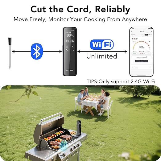 BFOUR WiFi Wireless Meat Thermometer with Standalone Base, 6 Precision Sensor, Waterproof and Heat Resistant, Intuitive Smart App, Bluetooth Meat Thermometer for Cooking, BBQ, Oven, Grill, Smoker