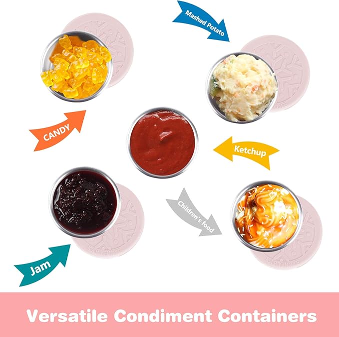 LALASTAR Salad Dressing Containers Set, Small Condiment Containers with Silicone Lids, Leakproof & Reusable for Condiments, Snacks, Dipping Sauce, Stainless Steel, 4x1.6oz, Pink
