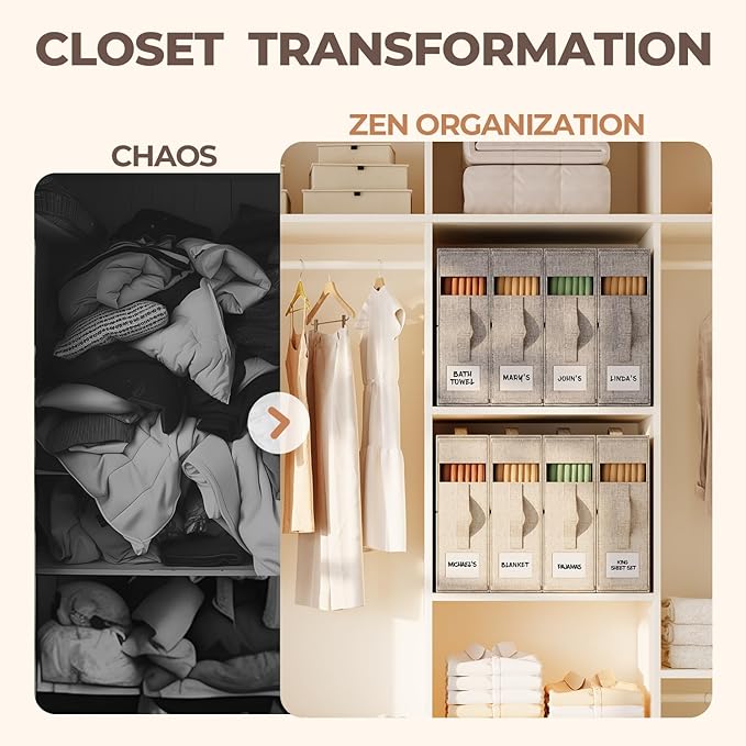 4 Pack Sheet Storage Organizer (King & Queen Size) with handle, Foldable Sheet Set Organizer for Linen Closet, Sheet Organizer for Blanket, Coverlet and Towel, Beige