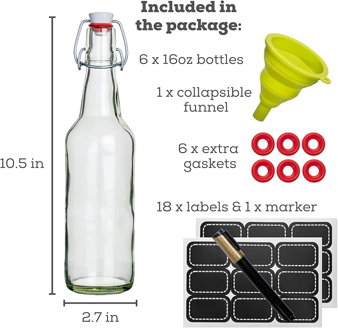 WILLDAN Set of 6-16oz Swing Top Glass Bottles - Flip Top Brewing Bottles For Kombucha, Kefir, Vanilla Extract, Beer - Airtight Caps and Leak Proof Lids, Bonus Gaskets and Funnel