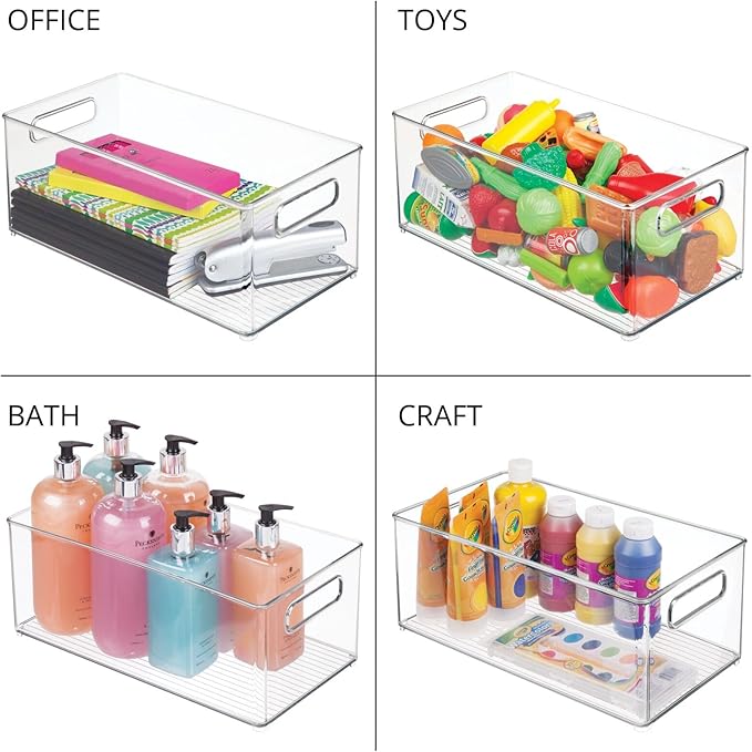 mDesign Deep Plastic Kitchen Storage Organizer Container Bin for Pantry, Cabinet, Cupboard, Shelves, Fridge, or Freezer - Holds Dry Goods, Sauces, Condiments, Drinks, Ligne Collection, 4 Pack, Clear