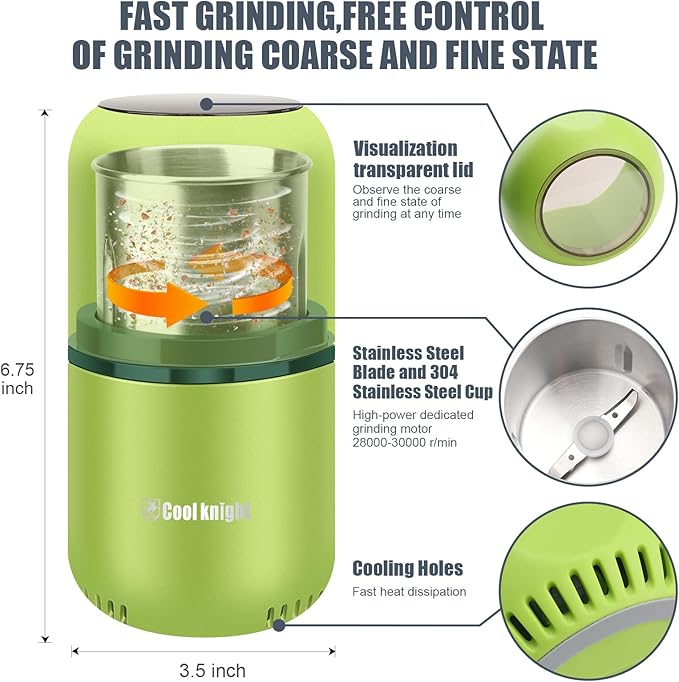 COOL KNIGHT Herb Grinder [large capacity/fast/Electric ]-Spice Herb Coffee Grinder with Pollen Catcher/- 7.5" (Green)