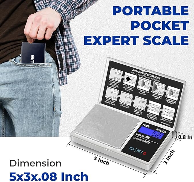 Series Digital Pocket Weight Scale 600g x 0.1g |Digital Gram Scale Small Scale Mini Food Scale Jewelry Scale Ounces/Grains Scale, Easy to Carry - AMERICAN WEIGH SCALES (Silver, 220g x 0.01g)