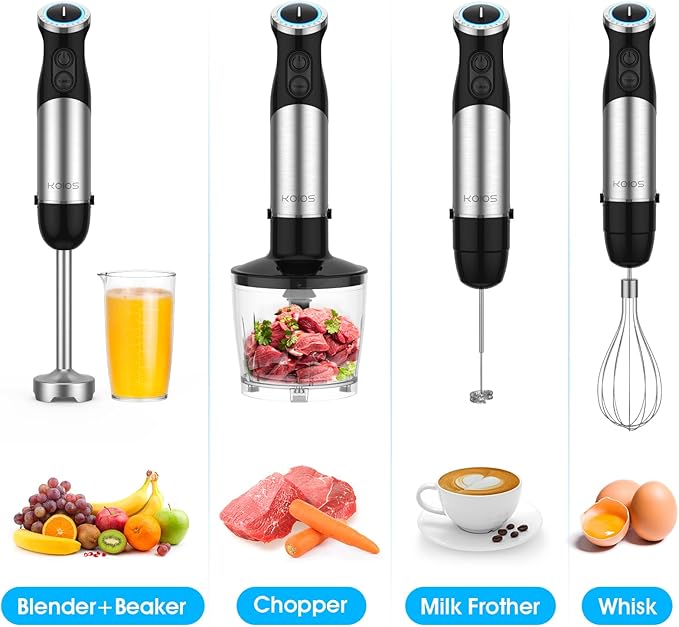 KOIOS Upgraded Immersion Blender Handheld, 1000W 12-Speed 5 in 1 Hand Mixer Stick Blender with 304 Stainless Steel Blade,Food Processor,Beaker,Egg Whisk&Milk Frother,Non-BPA,Smoothies Purée Baby Food