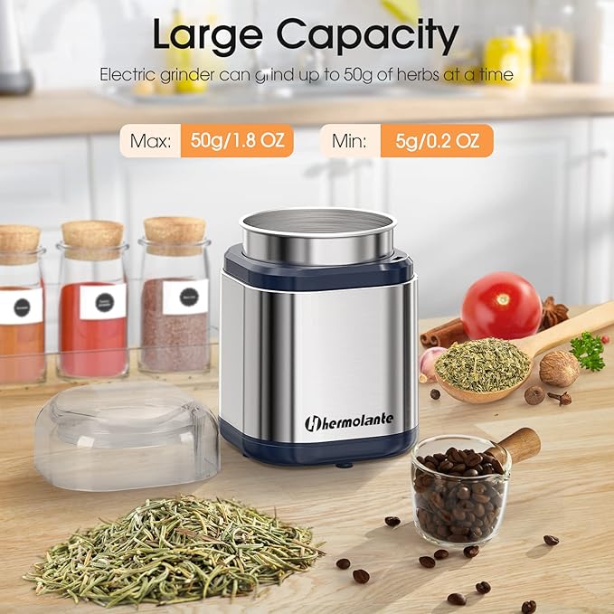 Herb Grinder Spice Grinder, 200 w Herb Grinder with Stainless Steel Blade and Cleaning Brush, Compact Size Electric Grinder for Herbs and Spices -5.11in(Stainless Steel)