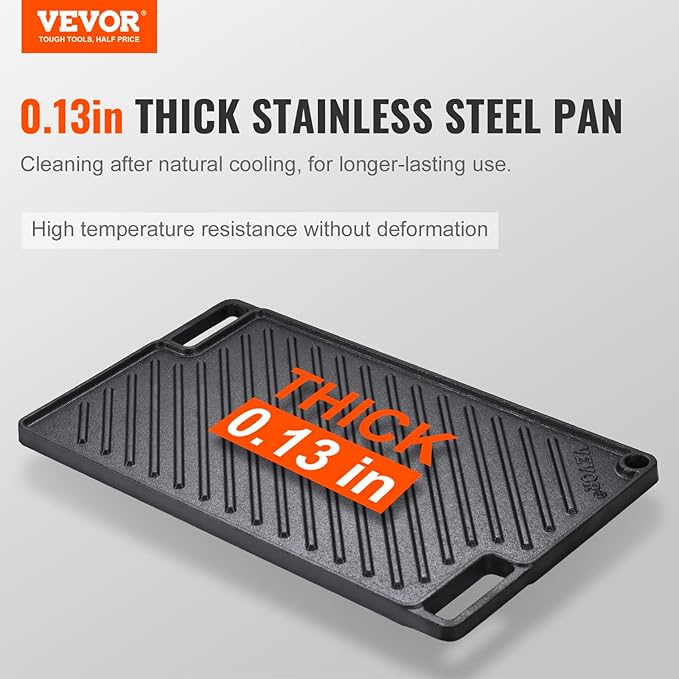 VEVOR Reversible Grill/Griddle, 17x10'' Pre-Seasoned Cast Iron Griddle, Rectangular Double Burner Griddle Pan, Non-Stick Family Pan Cookware with Handles, Flat Top Plate for BBQ, Gas Grill, Black