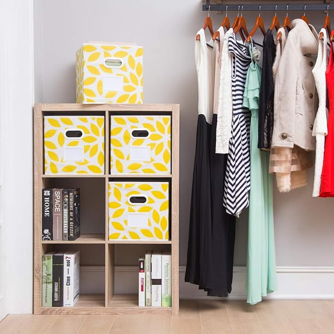 MAX Houser Fabric Storage Bins Cubes Baskets Containers with Dual Plastic Handles for Home Closet Bedroom Drawers Organizers, Foldable, Set of 4 (Yellow)