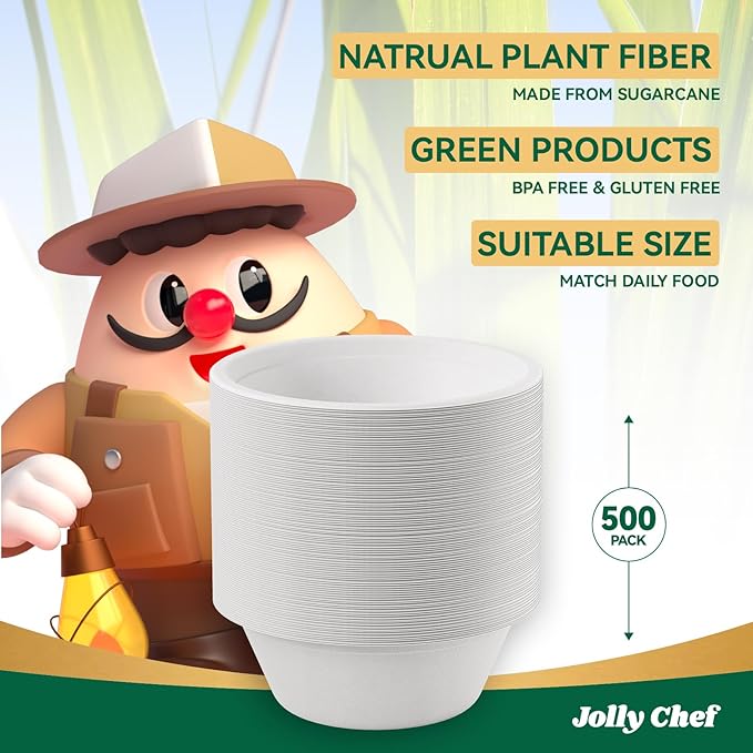 JOLLY CHEF Compostable Disposable Paper Bowl [16 oz] Heavy Duty Soup Containers [500 Pack] Biodegradable Bagasse Hot Cold Food Eco-Friendly Sugarcane Microwavable Bowls for Salad Milk Thanksgiving Day