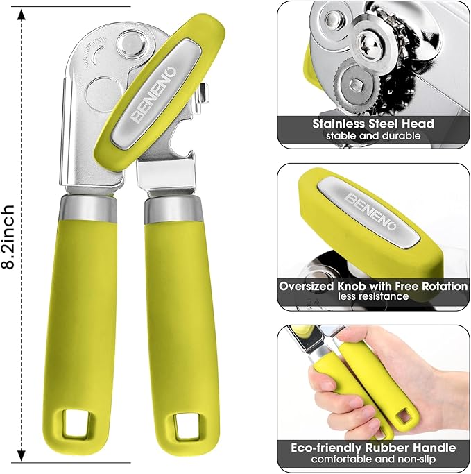 Beneno Heavy Duty Hand Can Opener Manual with Magnet, Durable Sharp Carbon Steel Blade Smooth Cutting, Big Effort-Saving Knob & Soft Grip Handle, Multifunctional Bottle Opener, Lime Green