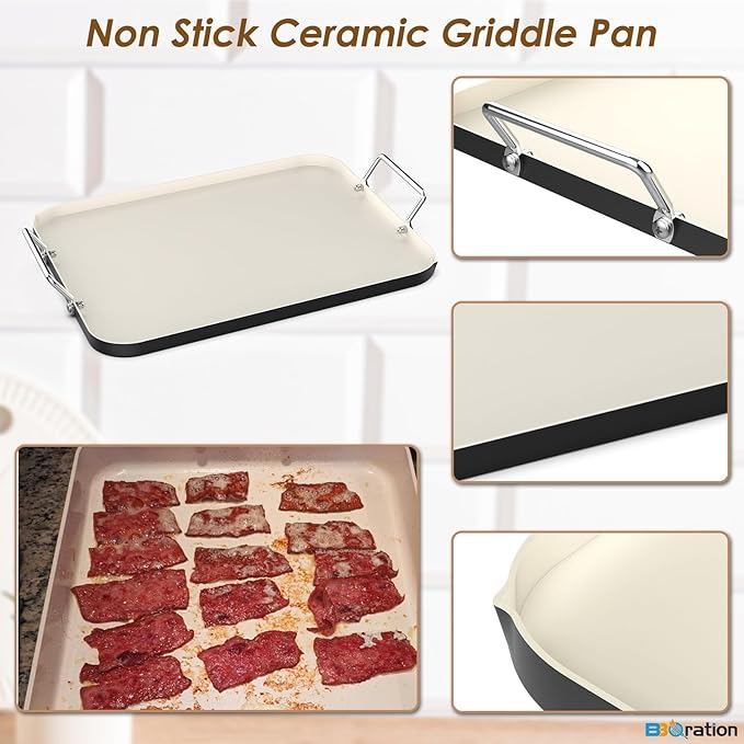 17.7" x 13" Griddle Pan for Gas Grill and Ovens, Stainless Steel Handles, Non Stick Ceramic Griddle Pan Griddle Skillet, PTFE Free PFOA Free, Black