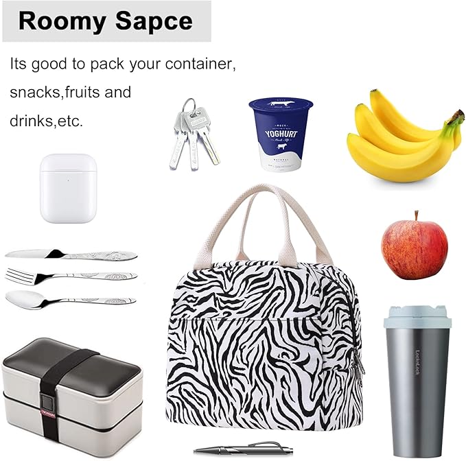 EurCross Sleek Black White Zebra-striped Lunch Tote Bag Trendy for Women, Lightweight, Reusable and Insulated Canvas Stylish Bento Box Bag for Adult Ladies on the go