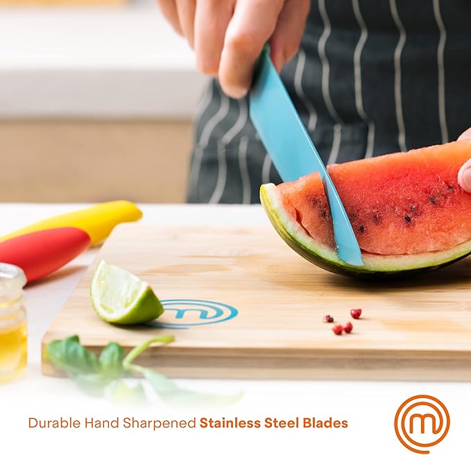 MasterChef Kitchen Knife Set with Covers incl. Paring, Boning, Carving, Bread, Santoku & Chef Knife, Sharp Cutting Stainless Steel Blades with Sheaths, 12 Piece (6 Colored Kitchen Knives & 6 Covers)