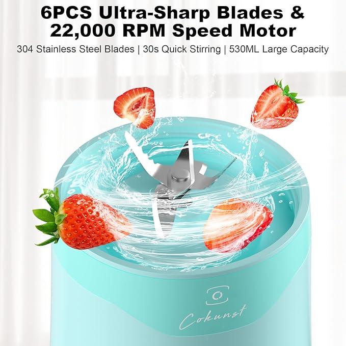 COKUNST 18oz Portable Blender, USB Rechargeable Personal Size Blenders, Smoothie Blender with 6 Blades for Protein & Shakes, Mini juicer with Extra Handle Lid for Travel Sports Outgoing