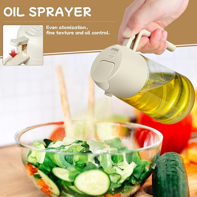 Oil Sprayer for Cooking 2pcs,2 in 1 Oil Dispenser and Oils Sprayer Kitchen Gadgets-16oz Glass Oils Spray Bottle,Mist Olive OilDispenser,Air Fryer,Salad,Grill (White Kitchen Accessories)