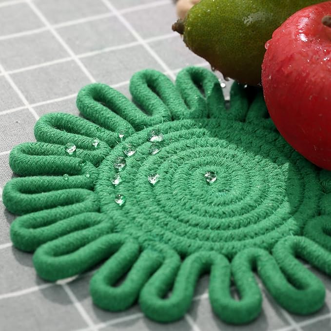Aesthetic & Colorful Boho Trivets for Hot Dishes, Trivets for Hot Pots and Pans, Potholders for Kitchen, Heat Resistant Hot Pads for Countertops,Table Decorations,Set of 3, 100% Cotton,7.5"(Green)