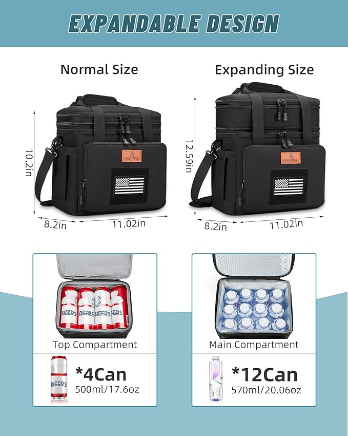 HSHRISH Lunch Box, Large Double Deck Expandable Insulated Lunch Bag, Durable Waterproof Leakproof Tactical Cooler Bag with Flag for Men/Work picnic Trips, 24 Cans/16 L, Black