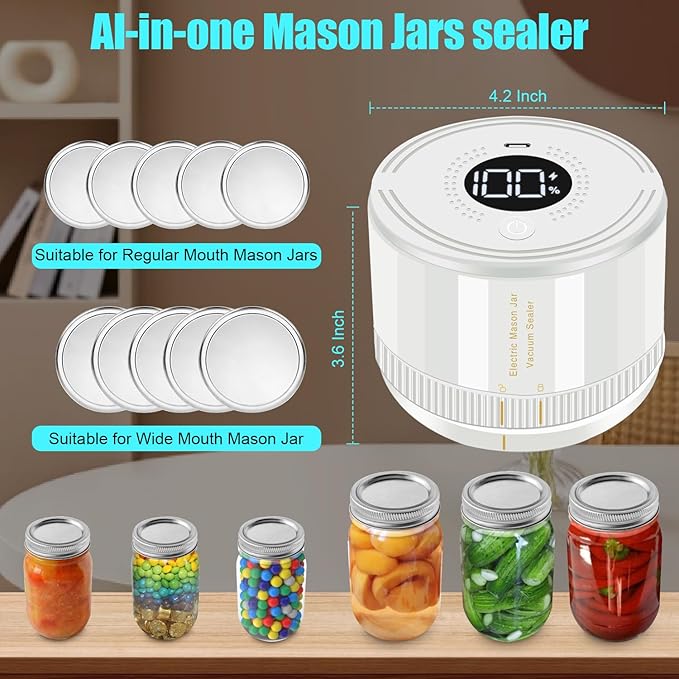 Auto Stop Electric Mason Jar Vacuum Sealer, Vacuum Sealer Kit for Wide Mouth and Regular Mouth Mason Jars with Food Storage Labels for Freshness and Preservation