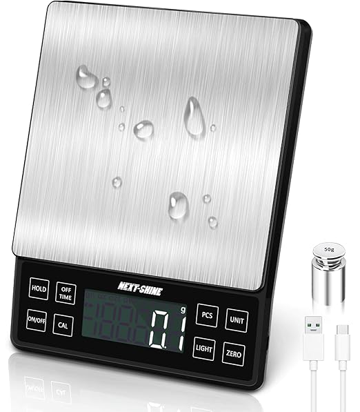 NEXT-SHINE Food Kitchen Scale 11lb, 0.1g/0.01oz Precise Graduation Rechargeable Digital Scale with Nine Units Large Tray Stainless Steel Platform LCD Display for Meal Prep Cooking Baking