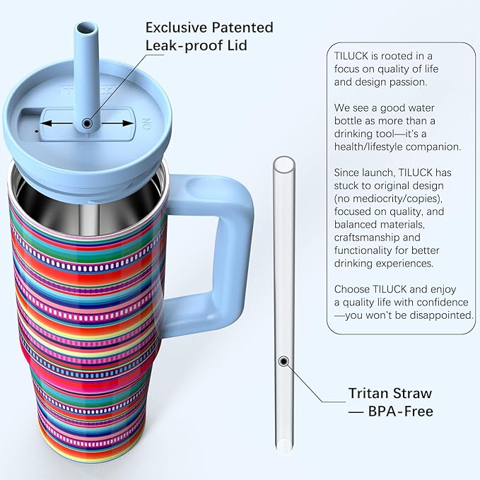 TILUCK 30 oz Tumbler with Handle, Vacuum Insulated Stainless Steel Travel Mug with 100% Leak-Proof Silicone Straw Lid, Cupholder Friendly Water Bottle(RainbowStripes, 30oz)