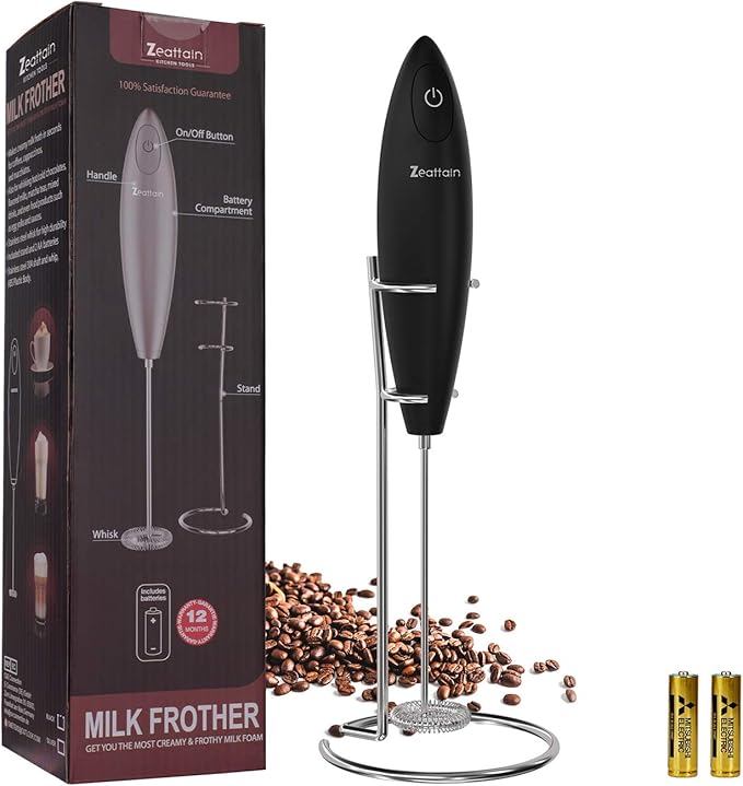 Milk Frother Handheld Mixer, Battery Operated Electric Whisk Foam Maker for Cappuccino,Latte,Coffee,Matcha & More - Black