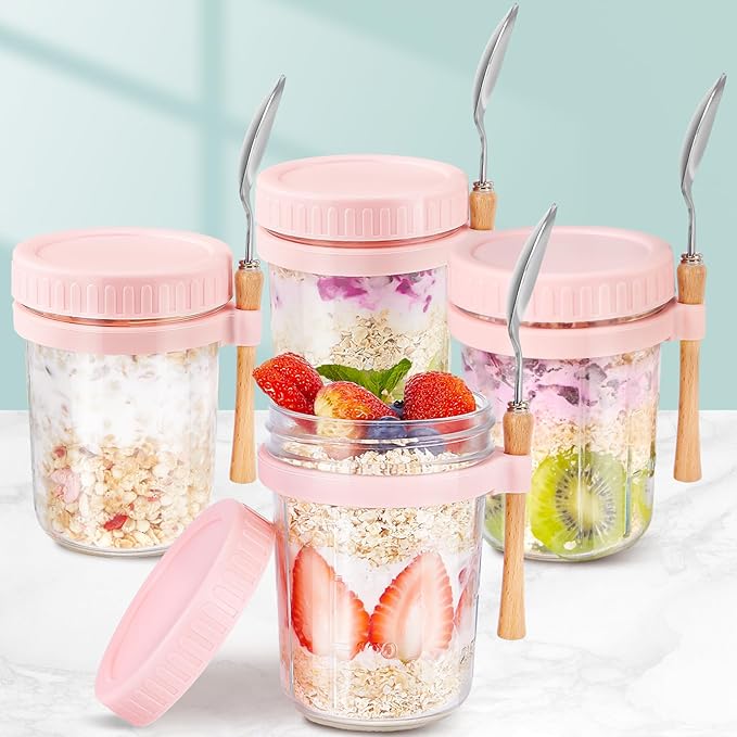 Glass Overnight Oats Containers with Lids and Spoon, 16oz Wide Mouth Mason Jars for Overnight Oats, Cereal, Yogurt, Salad Lunch Container with Measurement Marks - Pink 4 Pack