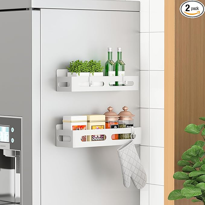 2 Pack Magnetic Spice Rack for Refrigerator, Spice Rack Organizer, Moveable Magnetic Shelf Fridge Organizer with 4 Hooks for Kitchen and Oven Organization, White