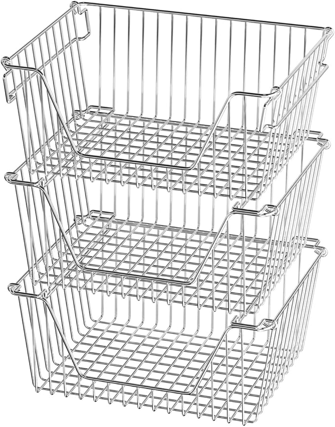 SANNO 14" Stackable Baskets Pantry Bins Storage Baskets Metal Wire Basket, Storage Organizer Basket Open Front for Kitchen Cabinets, Pantry, Closets, Bedrooms, Bathrooms 3 Pack