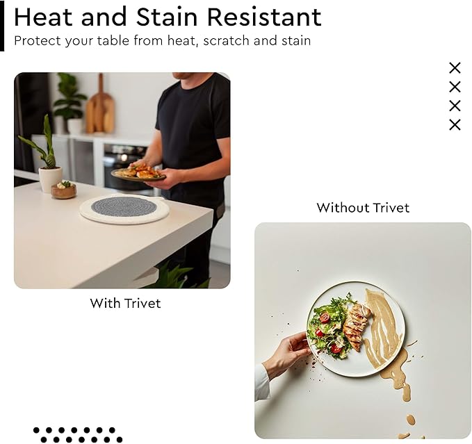 Encasa XO Round Trivet Mats for Hot Dishes with Hanging Loop | Grey Combo - Set of 6 with 7 inch Diameter | Cotton Round Thick Heat Resistant Pot Holders | Use Hot Pads Plate Mats for Hot Pots & Pans
