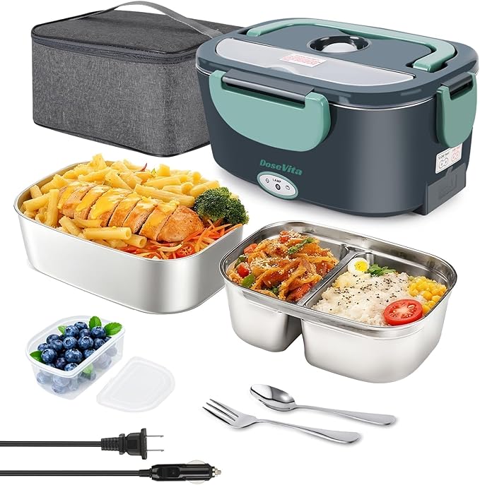 Electric Lunch Box for Adults, 80W Heated Lunch Box, 1.5L Stainless Steel Container | 12V/24V (Car/Truck) & 110V (Office/Home) | with Fork&Spoon and Insulated Carry Bag (Green-Dual Container)