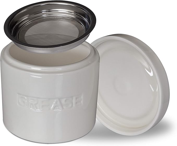 Ceramic Grease Container Keeper with Metal Stainless Steel Strainer and Lip for Easy Pour (Ivory)