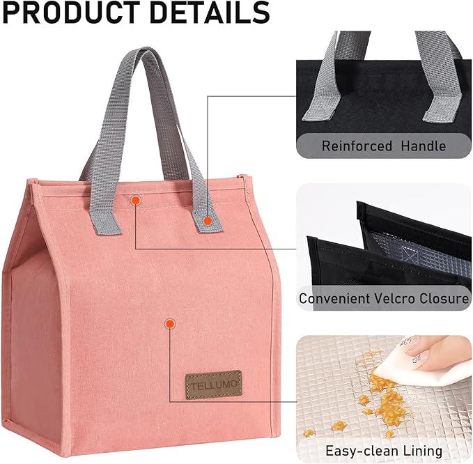 TELLUMO Lunch bag, Insulated Lunch Bag for Women Men Large Lunch Box Container Reusable Leakproof Tote for Office, Work, School, Beach or Travel (Pink)