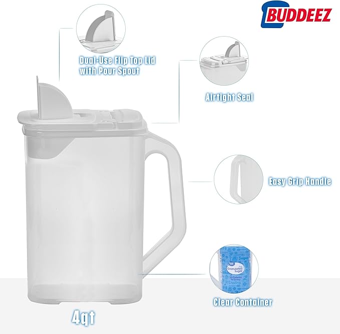 Buddeez Kitchen Pantry Container - Easy Grip Handle for Mess Free Use - Flour and Sugar Storage Made Simple - 4 Quart White Lid