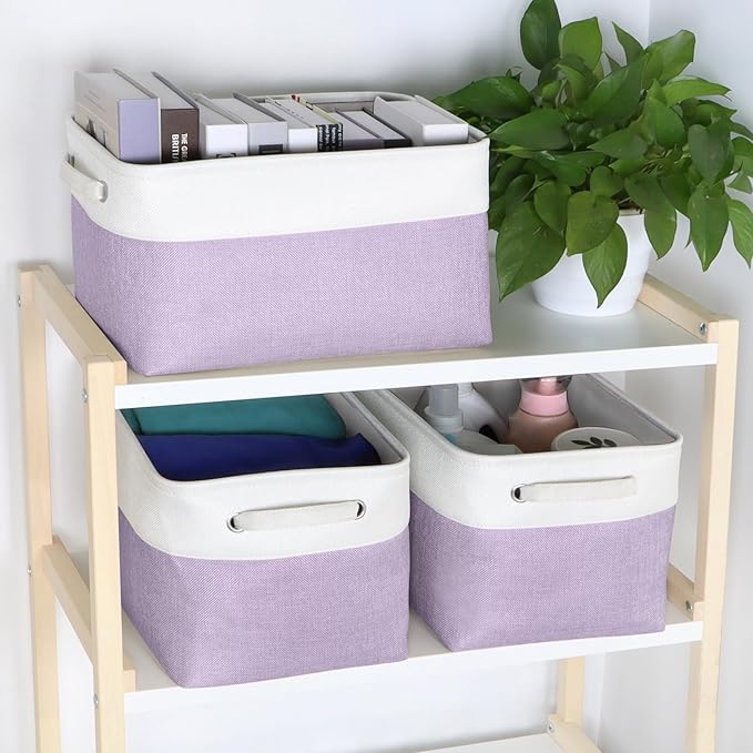 Kntiwiwo Foldable Storage Bin Collapsible Fabric Storage Basket Cube with Durable Handles Closet Organizer Bins for Organizing Shelves Drawers, Set of 3, 15" x 10" x 9.5", Purple